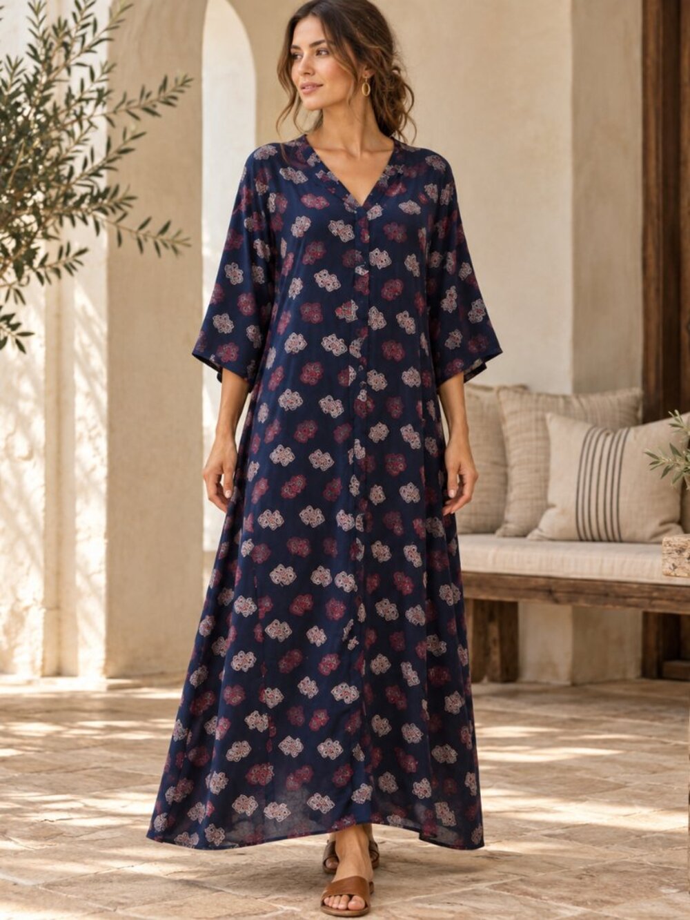 Natori II Caftan Dress Womens Navy Print Maxi 3/4 Sleeve Resort Lounge Vintage